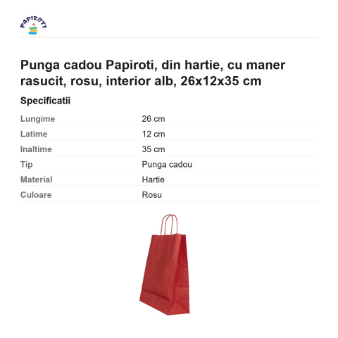 Punga cadou Papiroti, din hartie, cu maner rasucit, rosu, interior alb, 26x12x35 cm [2]