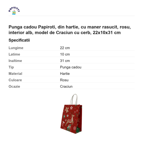 Punga cadou Papiroti, din hartie, cu maner rasucit, rosu, interior alb, model de Craciun cu cerb, 22x10x31 cm [2]