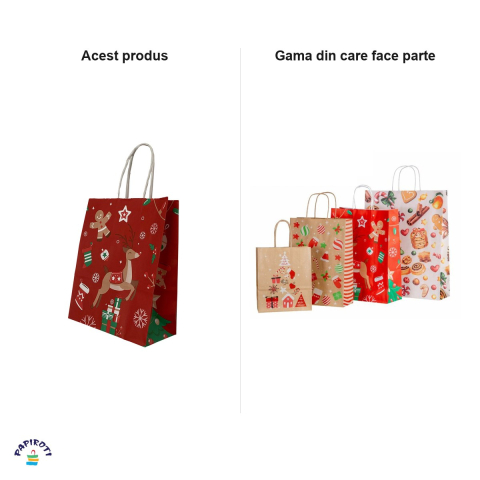 Punga cadou Papiroti, din hartie, cu maner rasucit, rosu, interior alb, model de Craciun cu cerb, 22x10x31 cm [3]