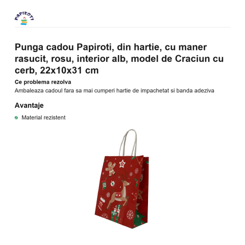 Punga cadou Papiroti, din hartie, cu maner rasucit, rosu, interior alb, model de Craciun cu cerb, 22x10x31 cm [1]