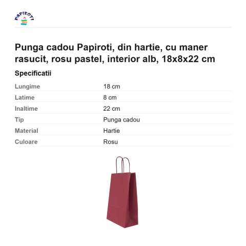 Punga cadou Papiroti, din hartie, cu maner rasucit, rosu pastel, interior alb, 18x8x22 cm [2]