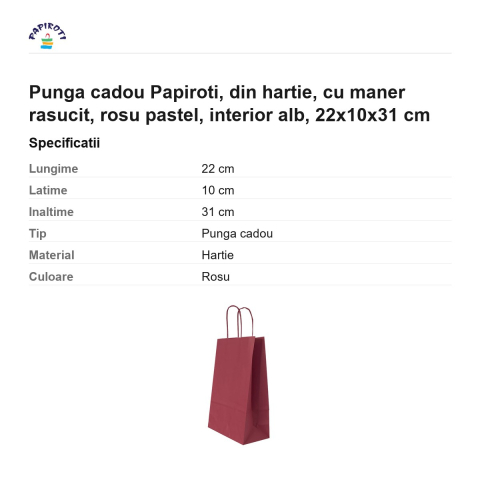 Punga cadou Papiroti, din hartie, cu maner rasucit, rosu pastel, interior alb, 22x10x31 cm [2]