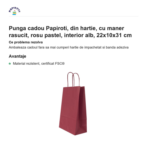 Punga cadou Papiroti, din hartie, cu maner rasucit, rosu pastel, interior alb, 22x10x31 cm [1]