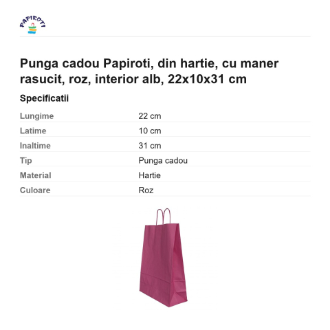 Punga cadou Papiroti, din hartie, cu maner rasucit, roz, interior alb, 22x10x31 cm [2]