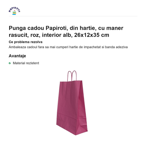 Punga cadou Papiroti, din hartie, cu maner rasucit, roz, interior alb, 26x12x35 cm [1]