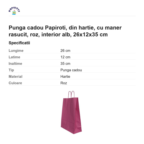 Punga cadou Papiroti, din hartie, cu maner rasucit, roz, interior alb, 26x12x35 cm [2]