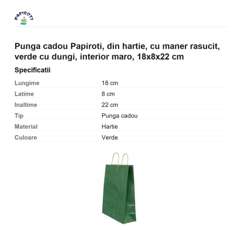 Punga cadou Papiroti, din hartie, cu maner rasucit, verde cu dungi, interior maro, 18x8x22 cm [2]