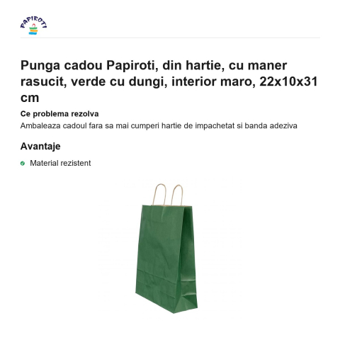 Punga cadou Papiroti, din hartie, cu maner rasucit, verde cu dungi, interior maro, 22x10x31 cm [1]