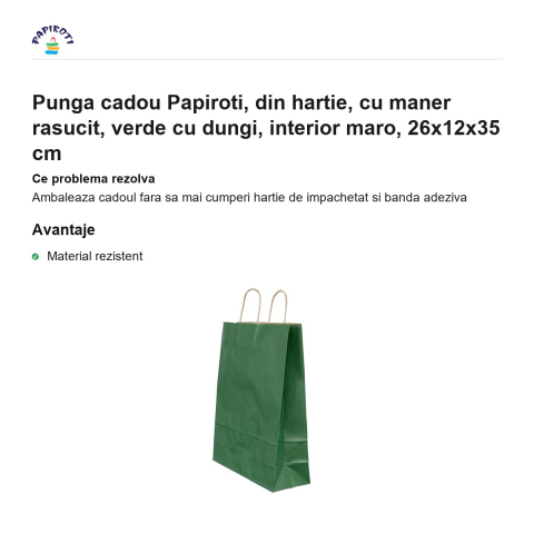 Punga cadou Papiroti, din hartie, cu maner rasucit, verde cu dungi, interior maro, 26x12x35 cm [1]