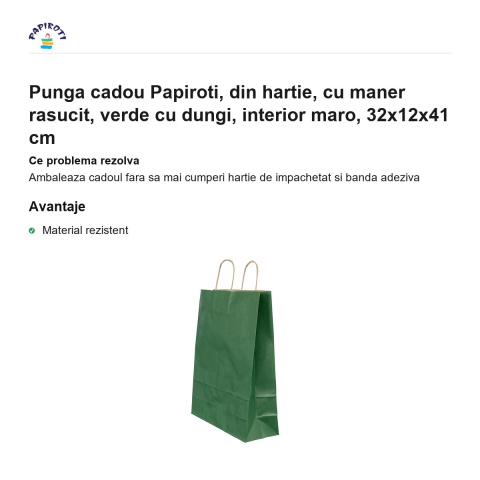 Punga cadou Papiroti, din hartie, cu maner rasucit, verde cu dungi, interior maro, 32x12x41 cm [1]