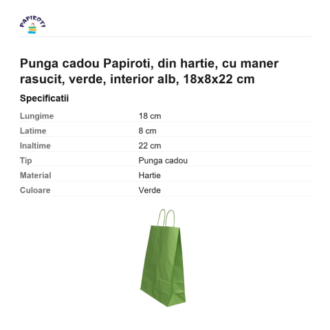Punga cadou Papiroti, din hartie, cu maner rasucit, verde, interior alb, 18x8x22 cm [2]