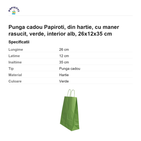 Punga cadou Papiroti, din hartie, cu maner rasucit, verde, interior alb, 26x12x35 cm [2]