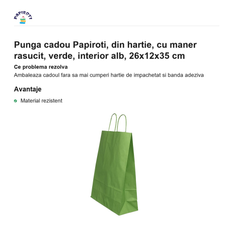 Punga cadou Papiroti, din hartie, cu maner rasucit, verde, interior alb, 26x12x35 cm [1]
