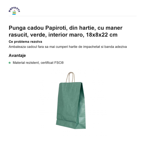 Punga cadou Papiroti, din hartie, cu maner rasucit, verde, interior maro, 18x8x22 cm [1]