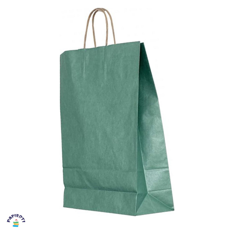 Ambalaje cadouri - Punga cadou Papiroti, din hartie, cu maner rasucit, verde, interior maro, 22x10x31 cm
