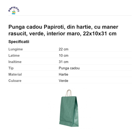 Punga cadou Papiroti, din hartie, cu maner rasucit, verde, interior maro, 22x10x31 cm [2]
