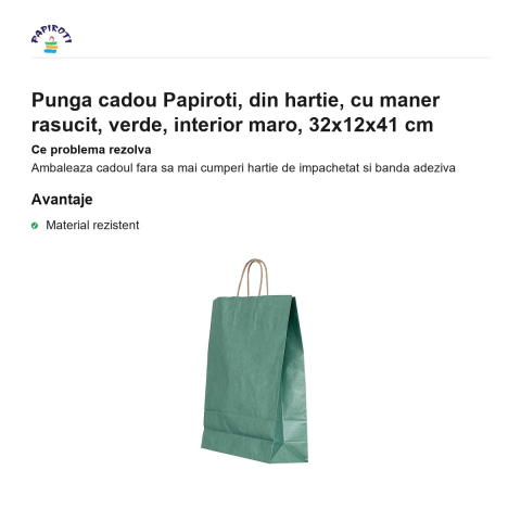 Punga cadou Papiroti, din hartie, cu maner rasucit, verde, interior maro, 32x12x41 cm [1]
