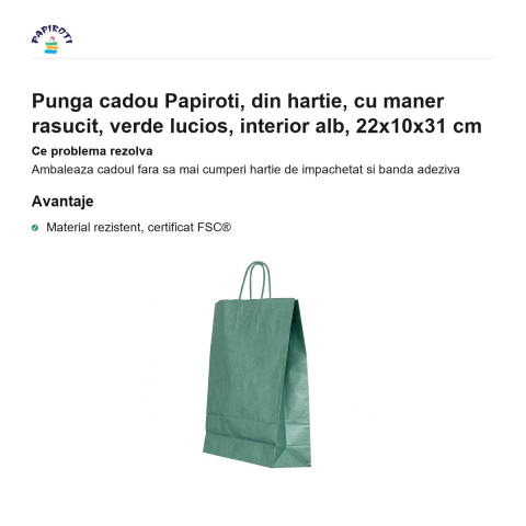 Punga cadou Papiroti, din hartie, cu maner rasucit, verde lucios, interior alb, 22x10x31 cm [1]