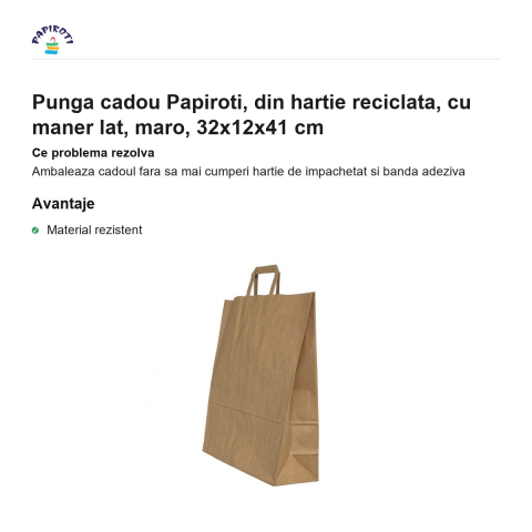 Punga cadou Papiroti, din hartie reciclata, cu maner lat, maro, 32x12x41 cm [1]