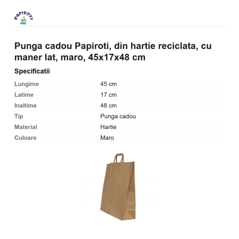 Punga cadou Papiroti, din hartie reciclata, cu maner lat, maro, 45x17x48 cm [2]