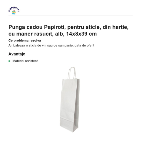 Punga cadou Papiroti, pentru sticle, din hartie, cu maner rasucit, alb, 14x8x39 cm [1]