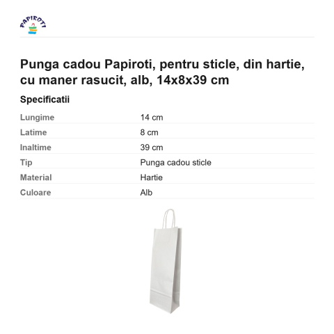 Punga cadou Papiroti, pentru sticle, din hartie, cu maner rasucit, alb, 14x8x39 cm [2]