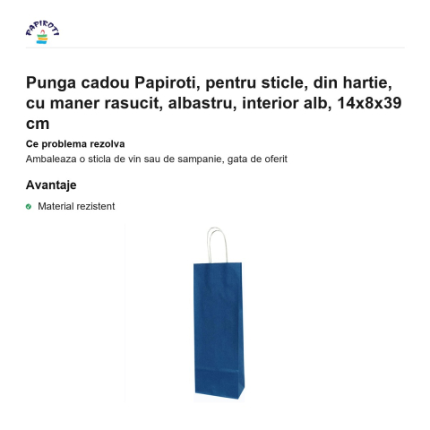 Punga cadou Papiroti, pentru sticle, din hartie, cu maner rasucit, albastru, interior alb, 14x8x39 cm [1]