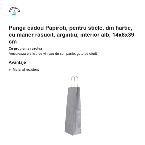 Punga cadou Papiroti, pentru sticle, din hartie, cu maner rasucit, argintiu, interior alb, 14x8x39 cm [1]