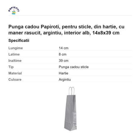 Punga cadou Papiroti, pentru sticle, din hartie, cu maner rasucit, argintiu, interior alb, 14x8x39 cm [2]