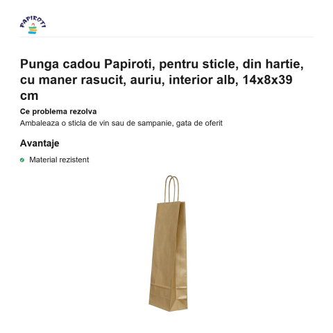 Punga cadou Papiroti, pentru sticle, din hartie, cu maner rasucit, auriu, interior alb, 14x8x39 cm [1]