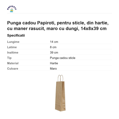 Punga cadou Papiroti, pentru sticle, din hartie, cu maner rasucit, maro cu dungi, 14x8x39 cm [2]