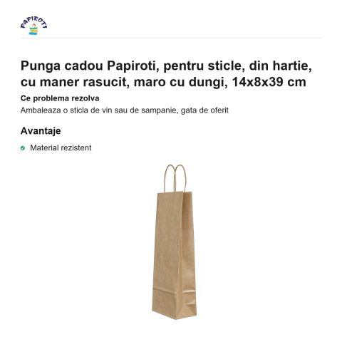 Punga cadou Papiroti, pentru sticle, din hartie, cu maner rasucit, maro cu dungi, 14x8x39 cm [1]