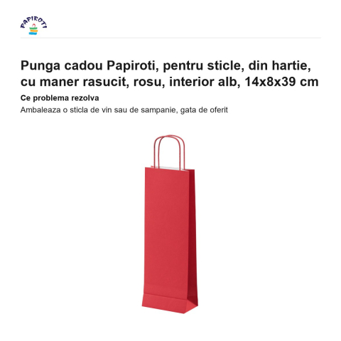 Punga cadou Papiroti, pentru sticle, din hartie, cu maner rasucit, rosu, interior alb, 14x8x39 cm [1]