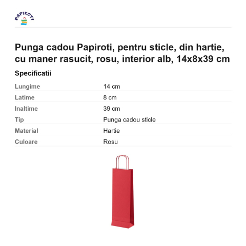 Punga cadou Papiroti, pentru sticle, din hartie, cu maner rasucit, rosu, interior alb, 14x8x39 cm [2]