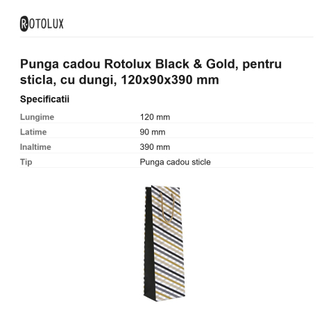 Punga cadou Rotolux Black & Gold, pentru sticla, cu dungi, 120x90x390 mm [2]