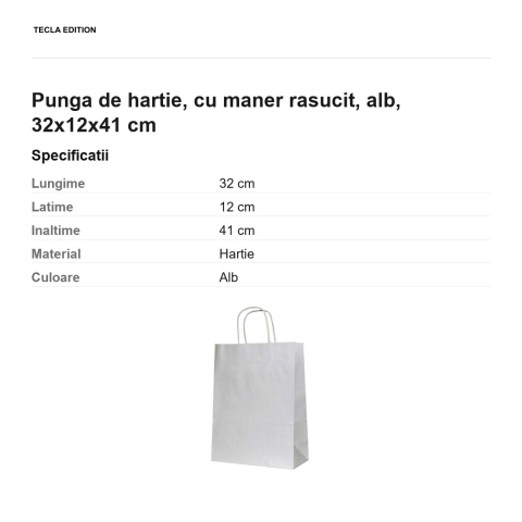 Punga de hartie, cu maner rasucit, alb, 32x12x41 cm [2]