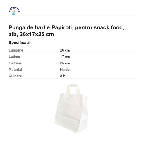 Punga de hartie Papiroti, pentru snack food, alb, 26x17x25 cm [2]