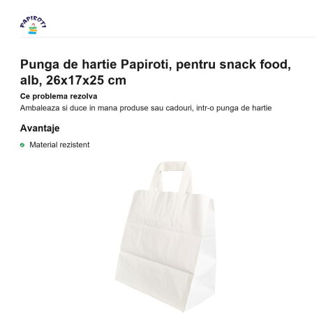 Punga de hartie Papiroti, pentru snack food, alb, 26x17x25 cm [1]