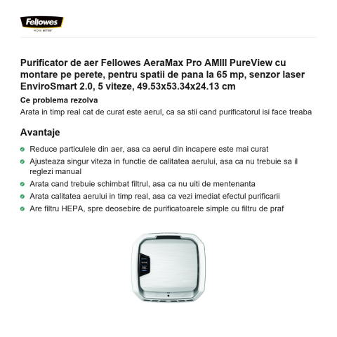 Purificator de aer Fellowes AeraMax Pro AMIII PureView cu montare pe perete, pentru spatii de pana la 65 mp, senzor laser EnviroSmart 2.0, 5 viteze, 49.53x53.34x24.13 cm [1]