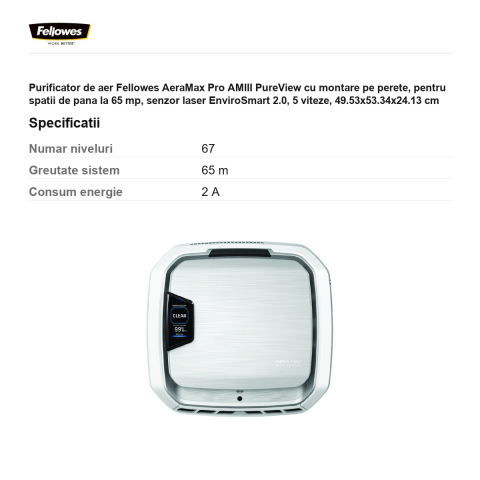 Purificator de aer Fellowes AeraMax Pro AMIII PureView cu montare pe perete, pentru spatii de pana la 65 mp, senzor laser EnviroSmart 2.0, 5 viteze, 49.53x53.34x24.13 cm [2]