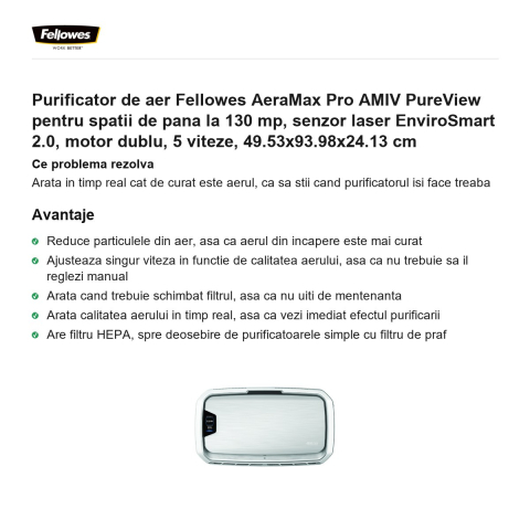Purificator de aer Fellowes AeraMax Pro AMIV PureView pentru spatii de pana la 130 mp, senzor laser EnviroSmart 2.0, motor dublu, 5 viteze, 49.53x93.98x24.13 cm [1]