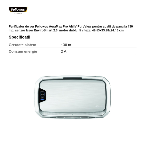 Purificator de aer Fellowes AeraMax Pro AMIV PureView pentru spatii de pana la 130 mp, senzor laser EnviroSmart 2.0, motor dublu, 5 viteze, 49.53x93.98x24.13 cm [2]