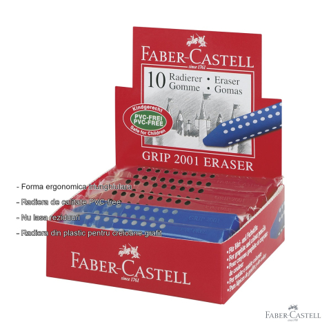 Radiera creion Faber-Castell Grip 2001, forma ergonomica triunghiulara, fara PVC, rosie/albastra [1]