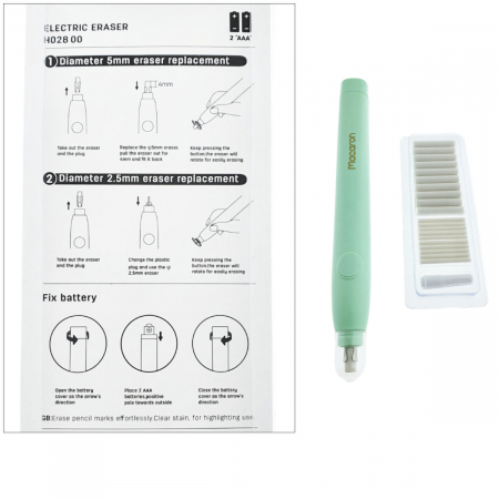 Radiera Electrica model Macaron H028, stergere precisa pin-point, design ergonomic, 20 rezerve incluse, verde [3]
