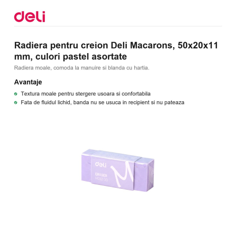 Radiera pentru creion Deli Macarons, 50x20x11 mm, culori pastel asortate [1]