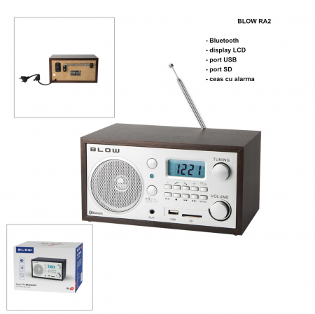 Radio AM/FM, Bluetooth, BLOW RA2 11268, display LCD, port USB, port SD, ceas cu alarma, gri cu maro [4]