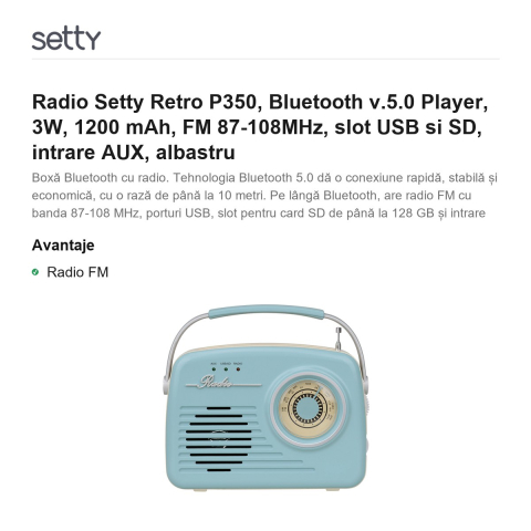 Radio Setty Retro P350, Bluetooth v.5.0 Player, 3W, 1200 mAh, FM 87-108MHz, slot USB si SD, intrare AUX, albastru [1]