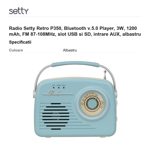 Radio Setty Retro P350, Bluetooth v.5.0 Player, 3W, 1200 mAh, FM 87-108MHz, slot USB si SD, intrare AUX, albastru [2]