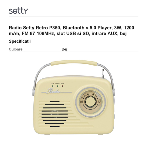 Radio Setty Retro P350, Bluetooth v.5.0 Player, 3W, 1200 mAh, FM 87-108MHz, slot USB si SD, intrare AUX, bej [2]
