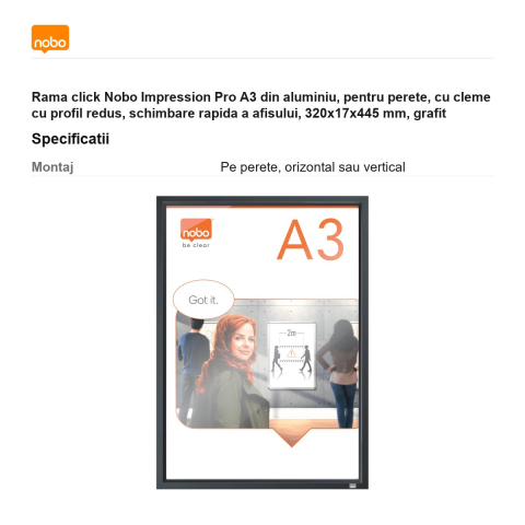 Rama click Nobo Impression Pro A3 din aluminiu, pentru perete, cu cleme cu profil redus, schimbare rapida a afisului, 320x17x445 mm, grafit [2]